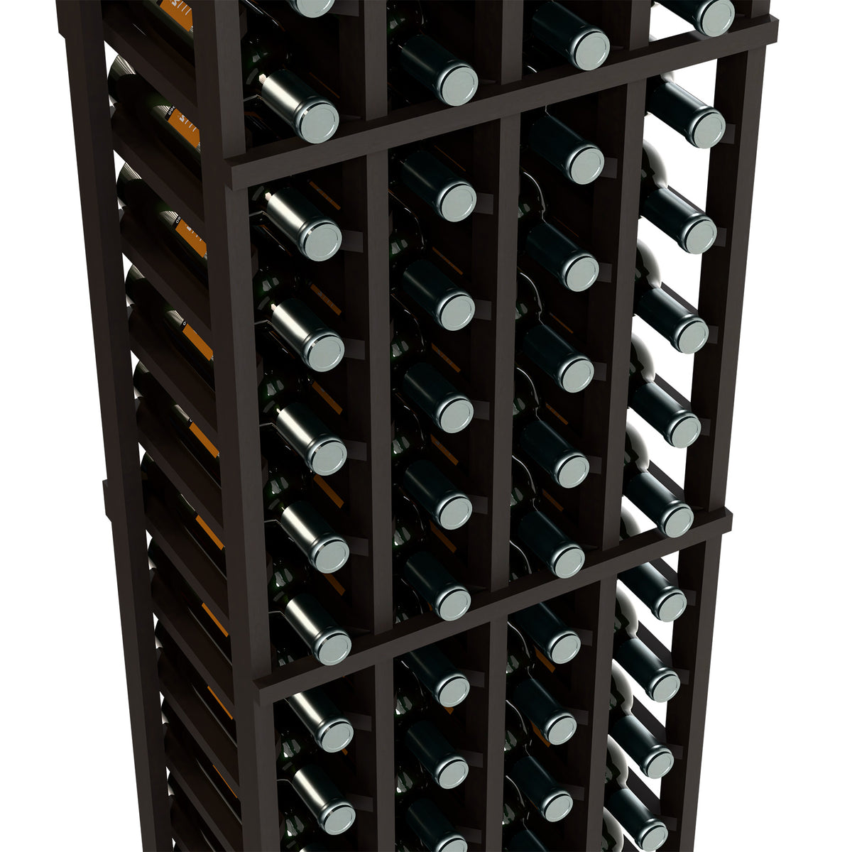 Close-up of four-column wine rack with dark frame and rows of bottles