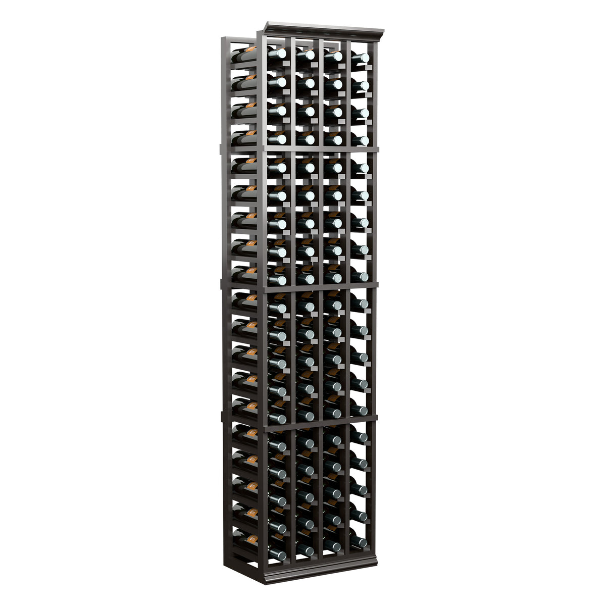Freestanding 6FT four-column wine bottle rack with dark frame and bottle storage