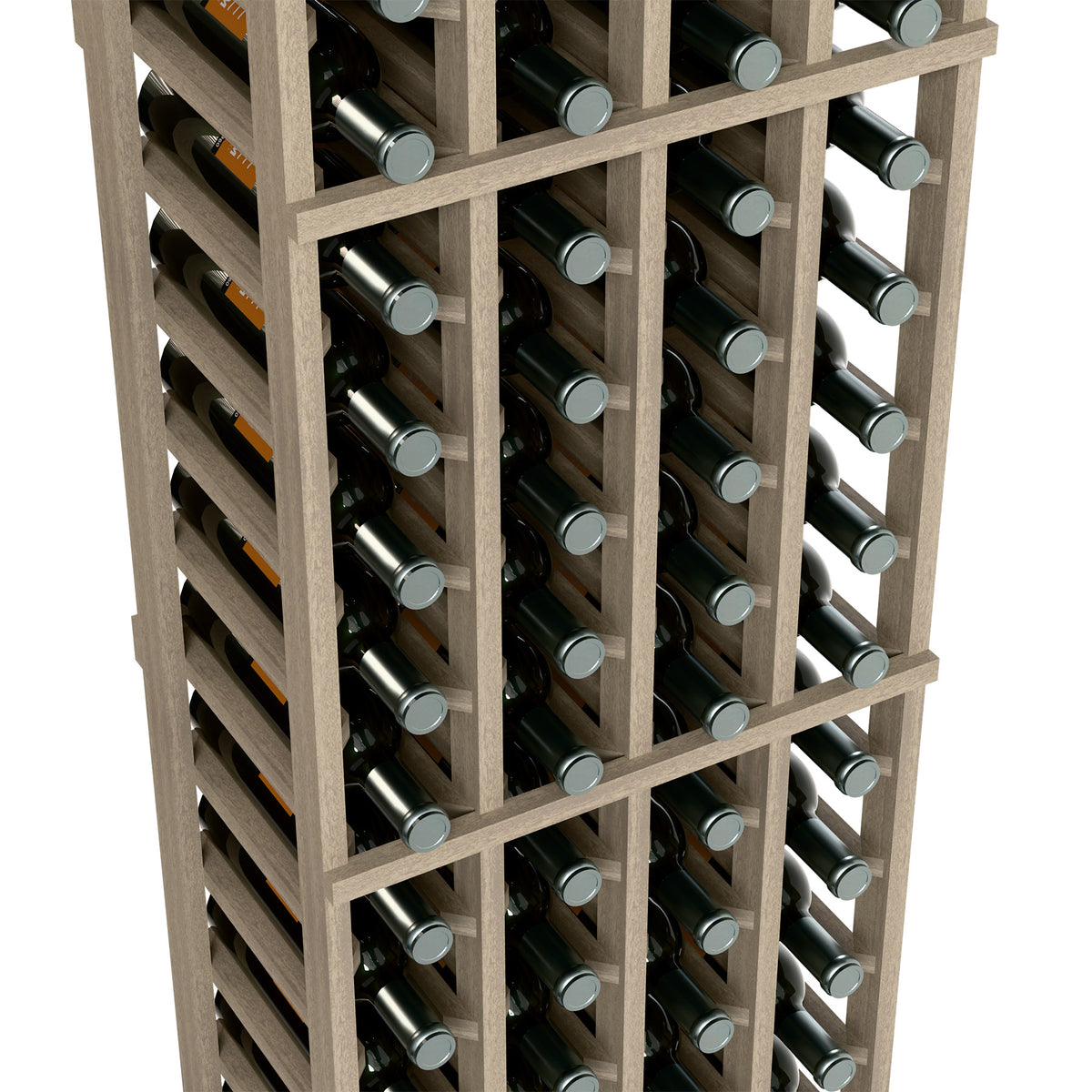 Close-up of 4-column wine rack with bottles in individual slots, light wood frame