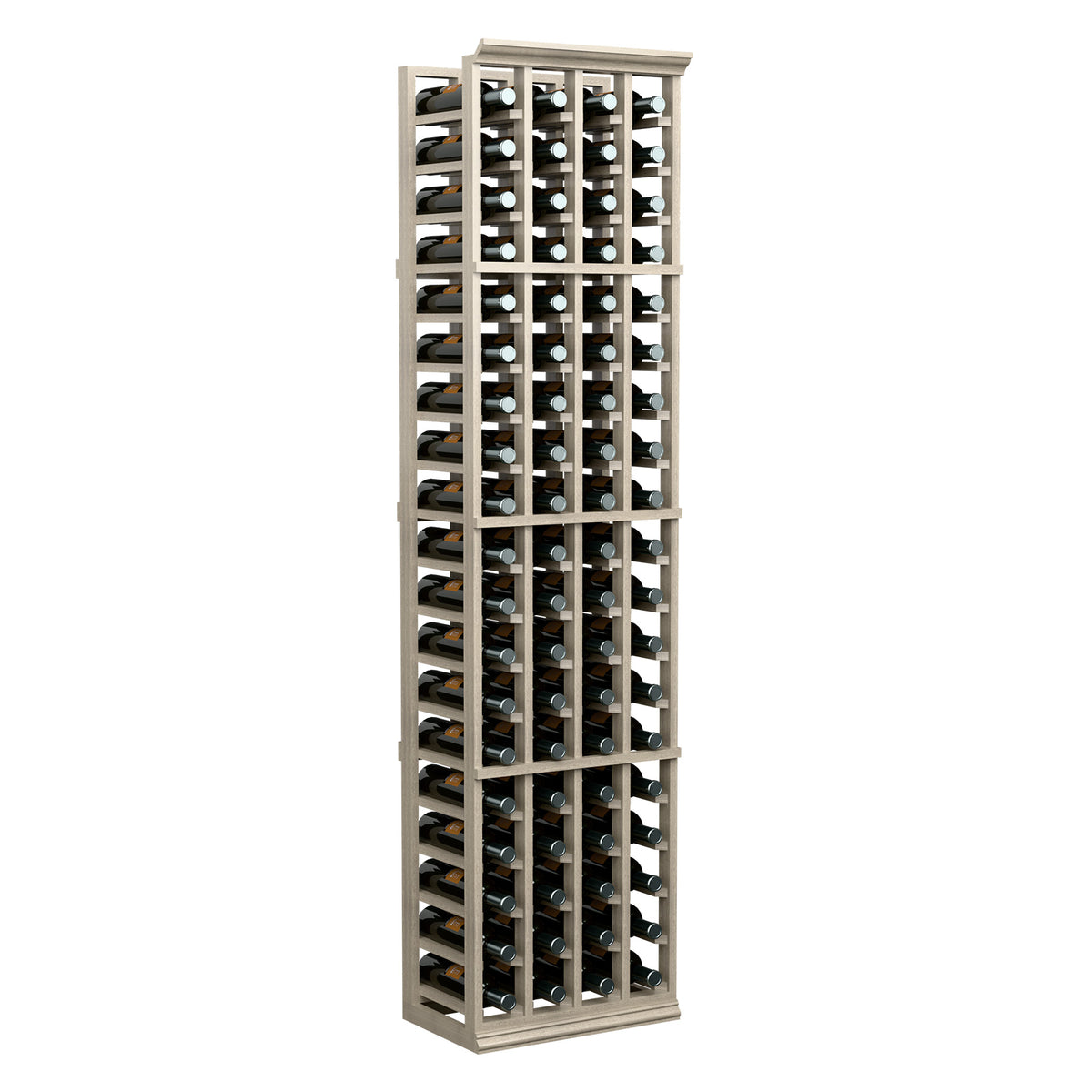4-column wine bottle rack standing upright, light wood frame with open bottle bays