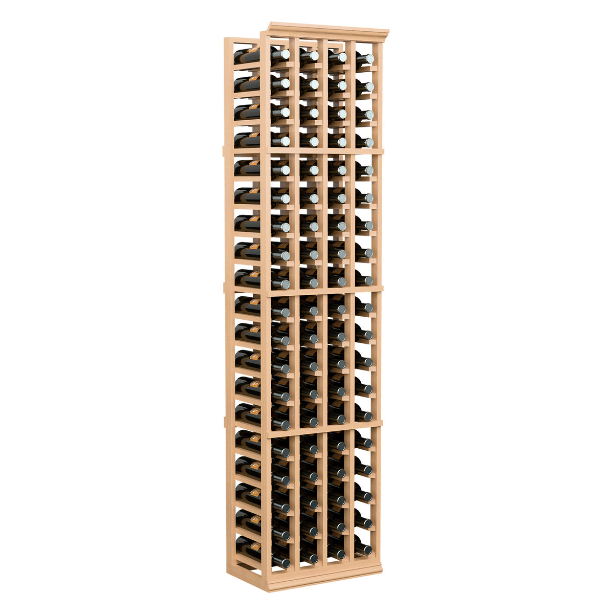 4-column wine bottle rack upright, pale wood frame with stacked open bottle rows