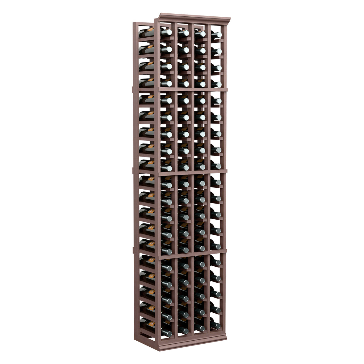 4-column wine bottle rack standing upright, dark wood frame with open bottle bays