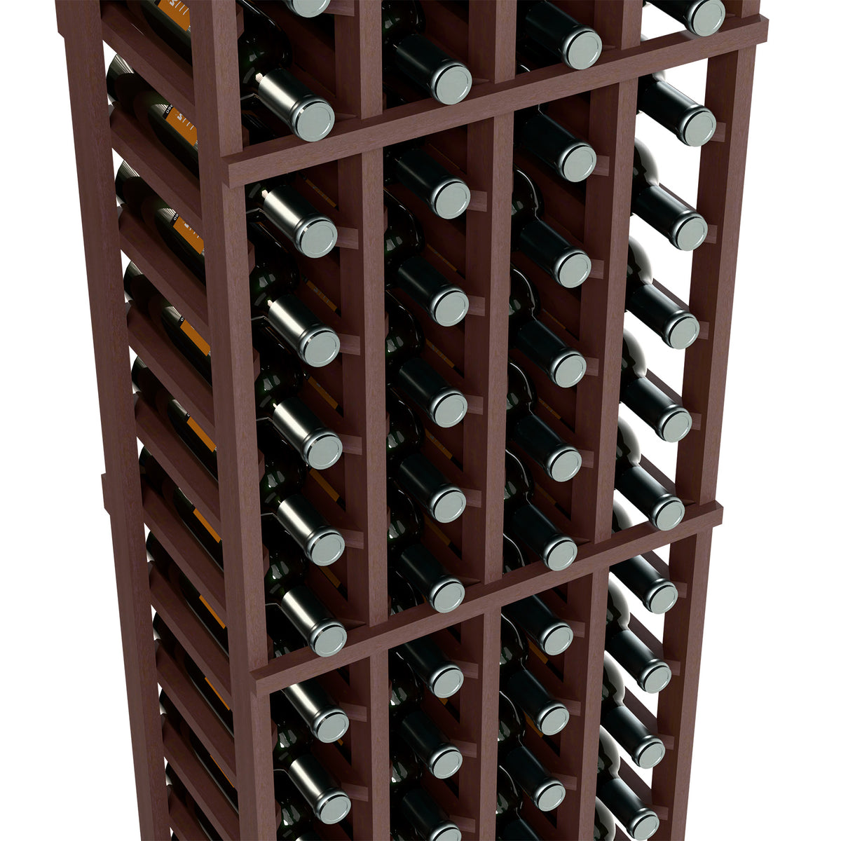 Close-up of dark wood 4-column wine rack with bottles in square wooden slots