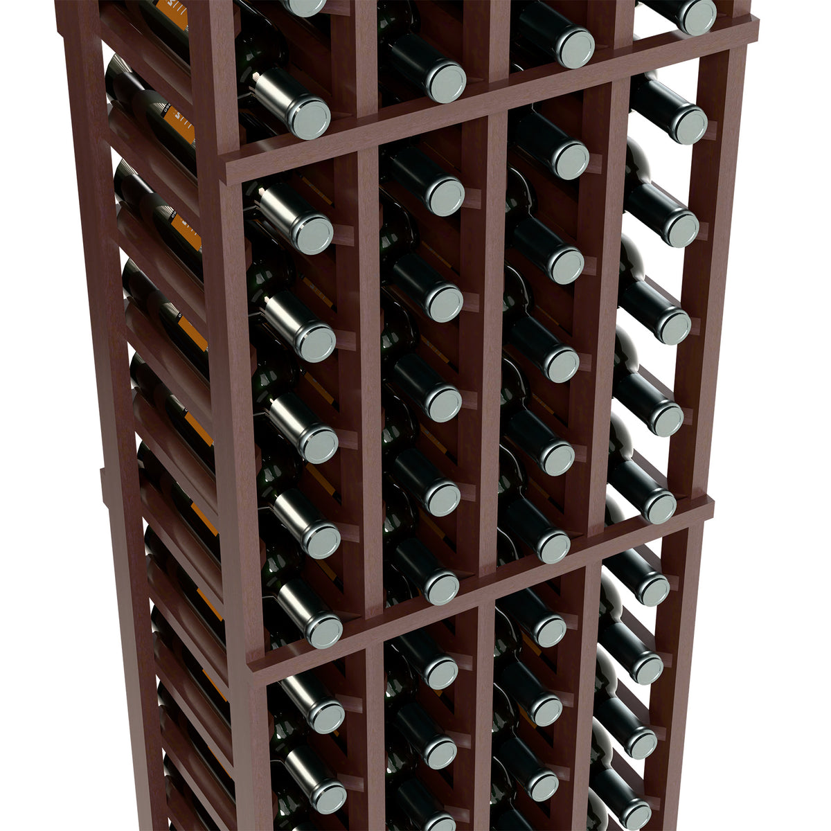 Close-up of dark wine bottle rack with metal bottle caps in grid compartments