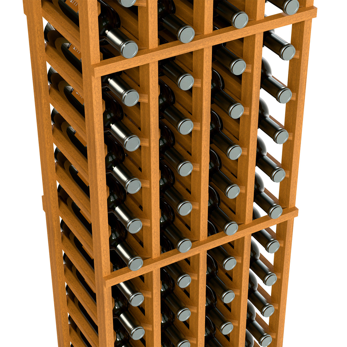 Close-up of light wood wine bottle rack holding bottles in square compartments