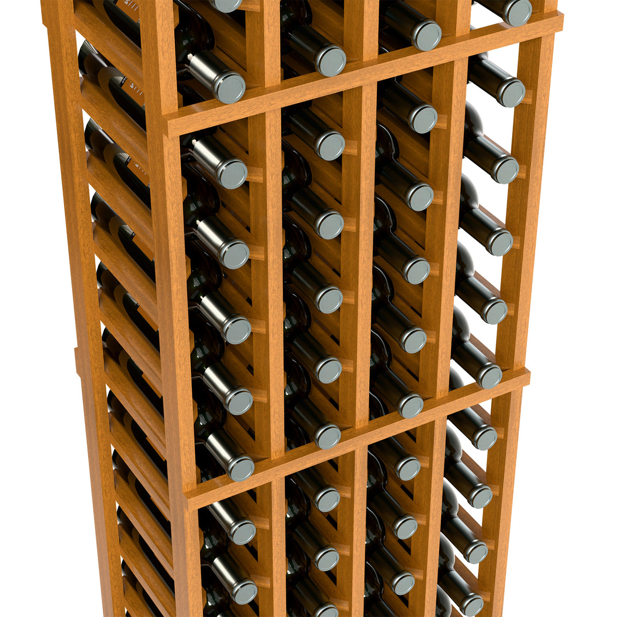 Close-up of light wood wine bottle rack showing bottles and caps on rails