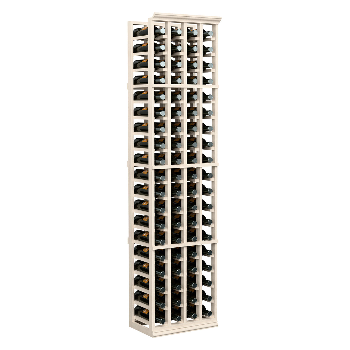 White 4-column wine bottle rack with bottles arranged in angled slots