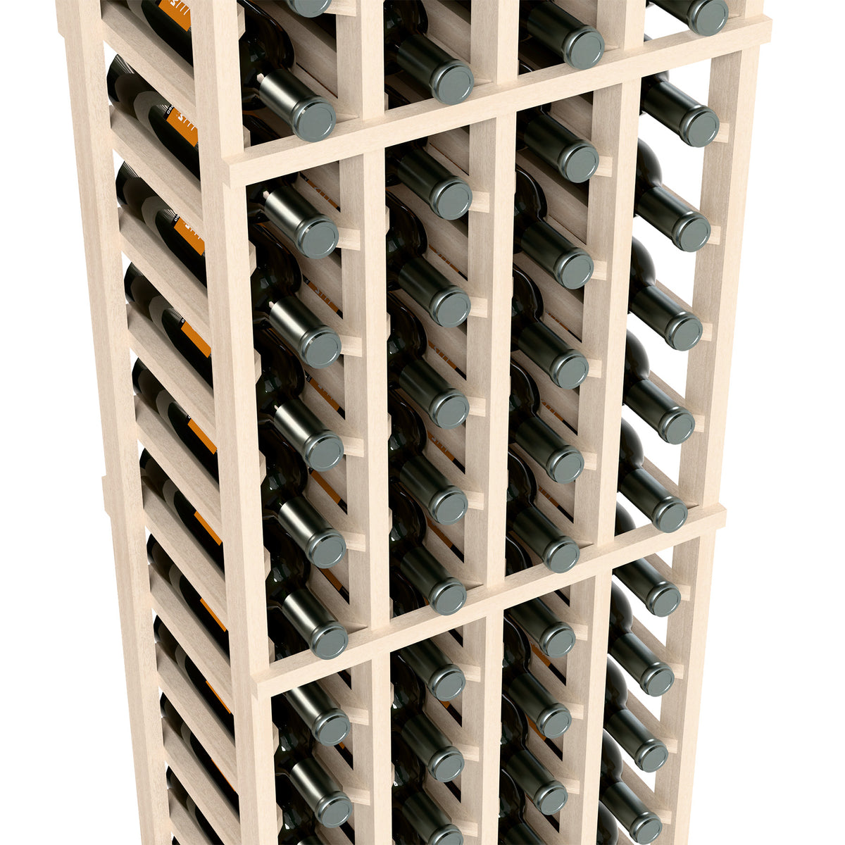 Close-up of white wine bottle rack with bottle rows and metal caps visible