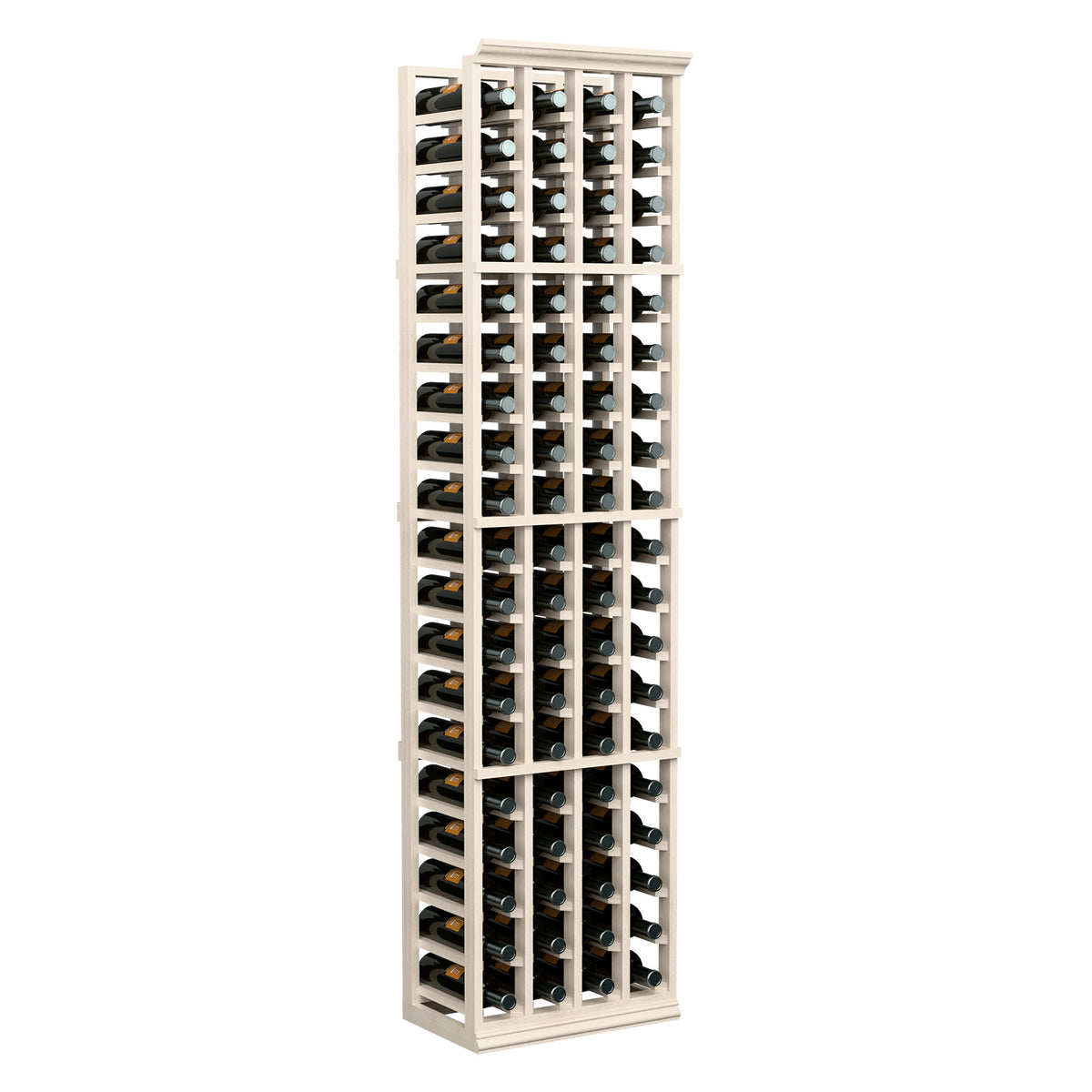 White 4-column wine bottle rack holding many bottles in a vertical frame