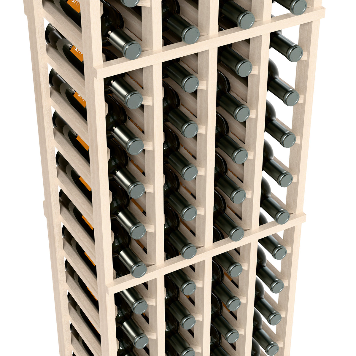 Close-up of white wine bottle rack showing bottle caps in grid storage cells