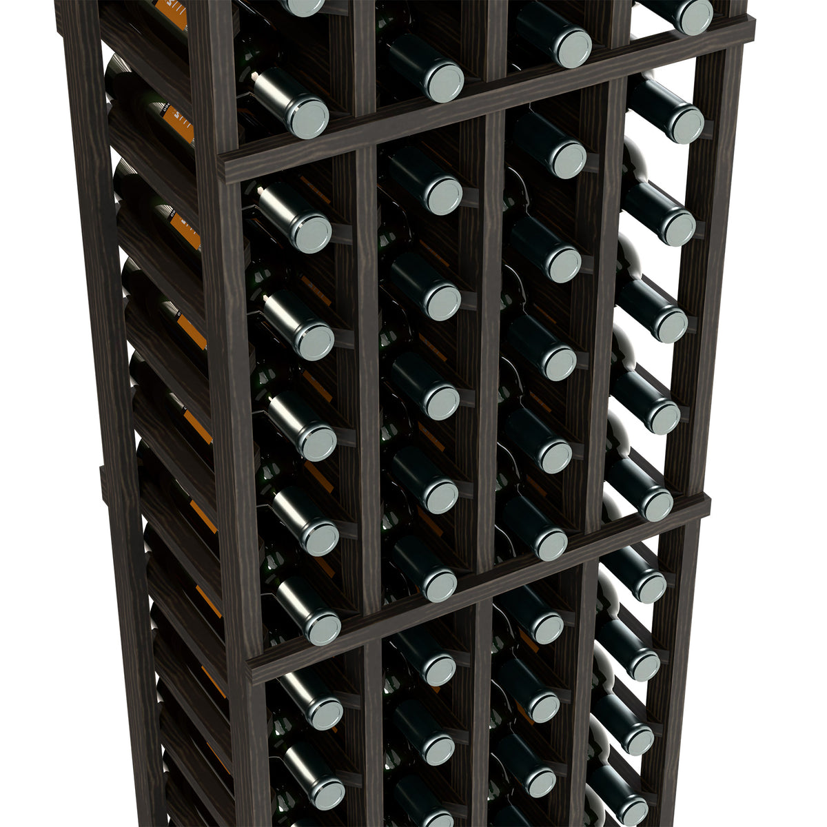 Close-up of dark wine rack showing bottle necks in 4 column compartments