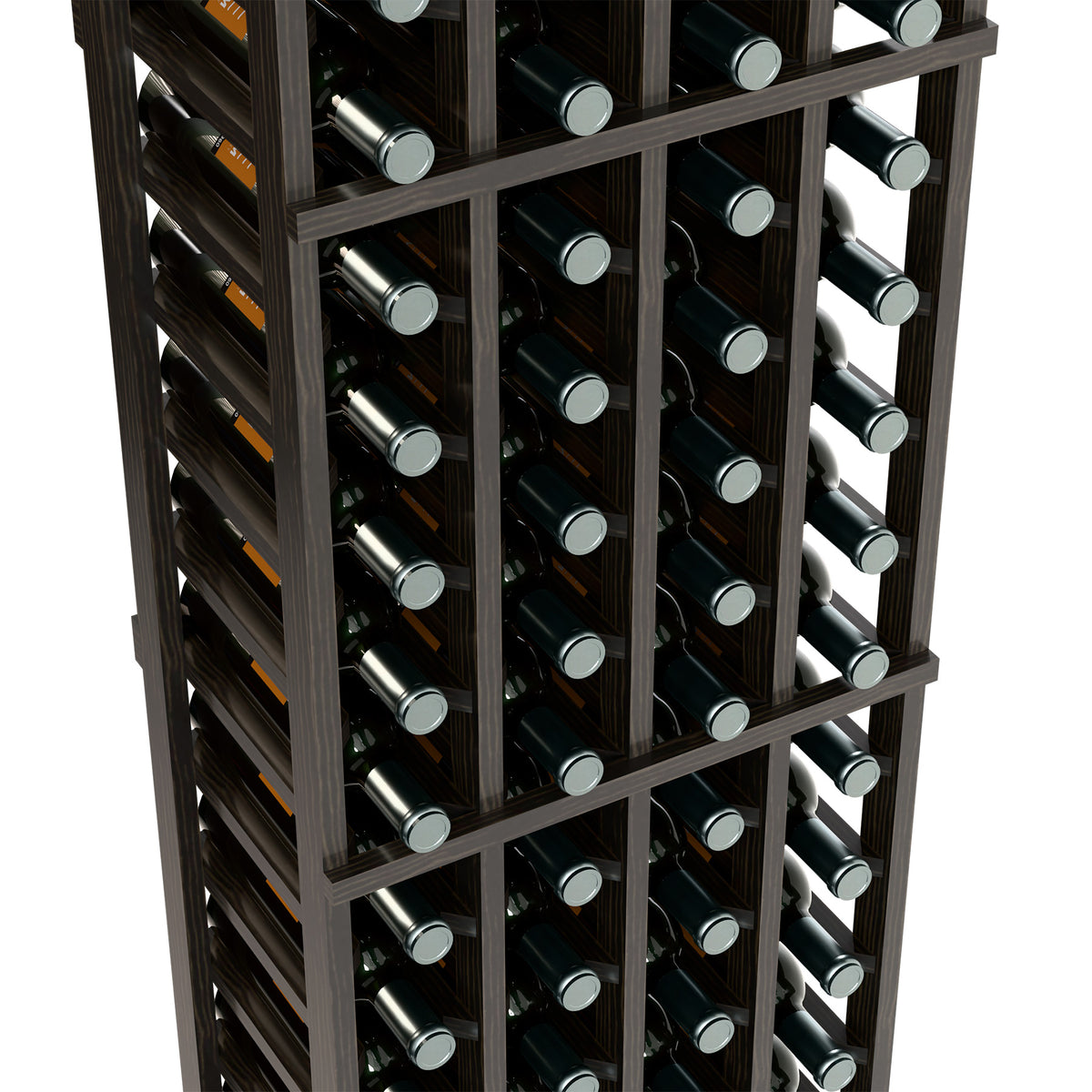 Angled view of dark wine rack with rows of wine bottles in 4 columns