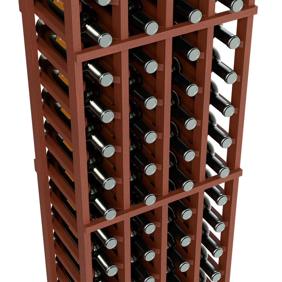 Close-up of reddish-brown wine rack holding bottles in 4 column compartments