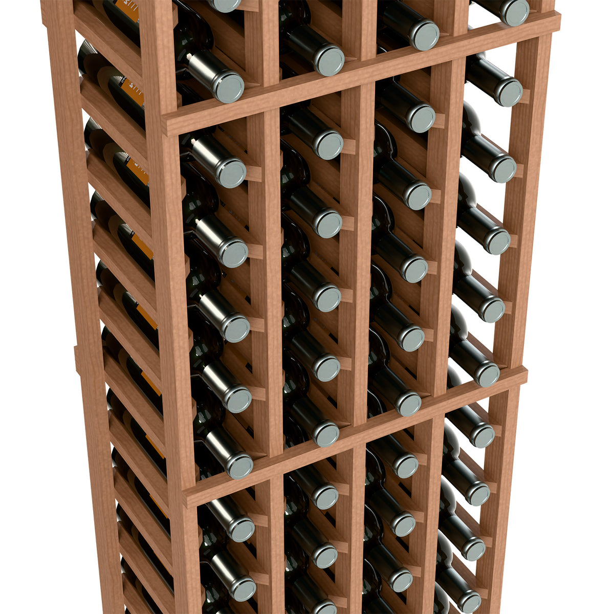 Close-up of light wood wine rack with bottle necks in 4 column compartments