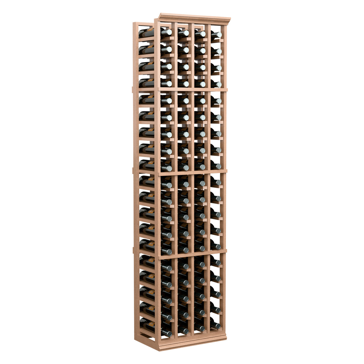 6-ft 4-column wine bottle rack with open slots for upright bottles, wood frame