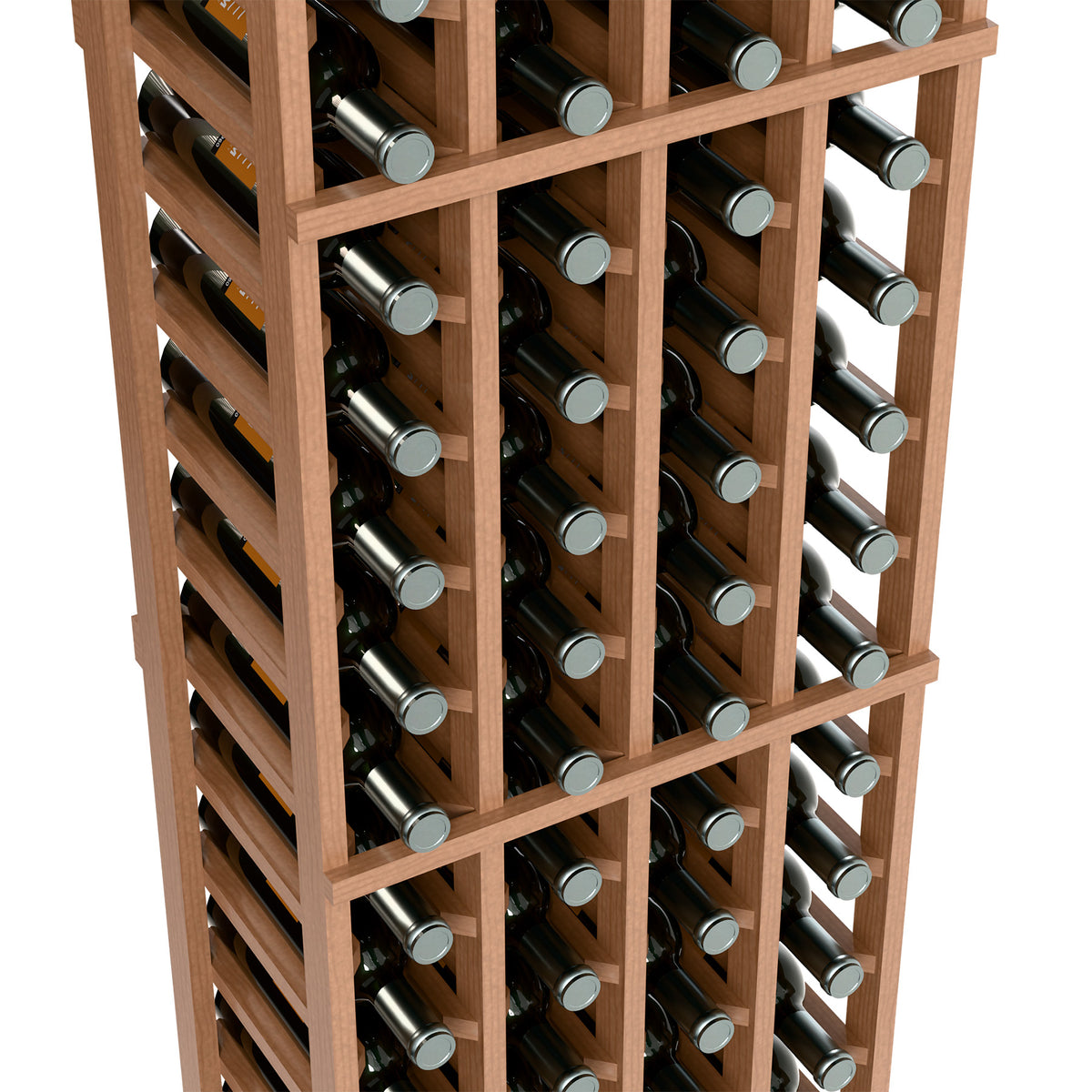 Light wood wine bottle rack close-up showing rows of upright bottles in angled slots