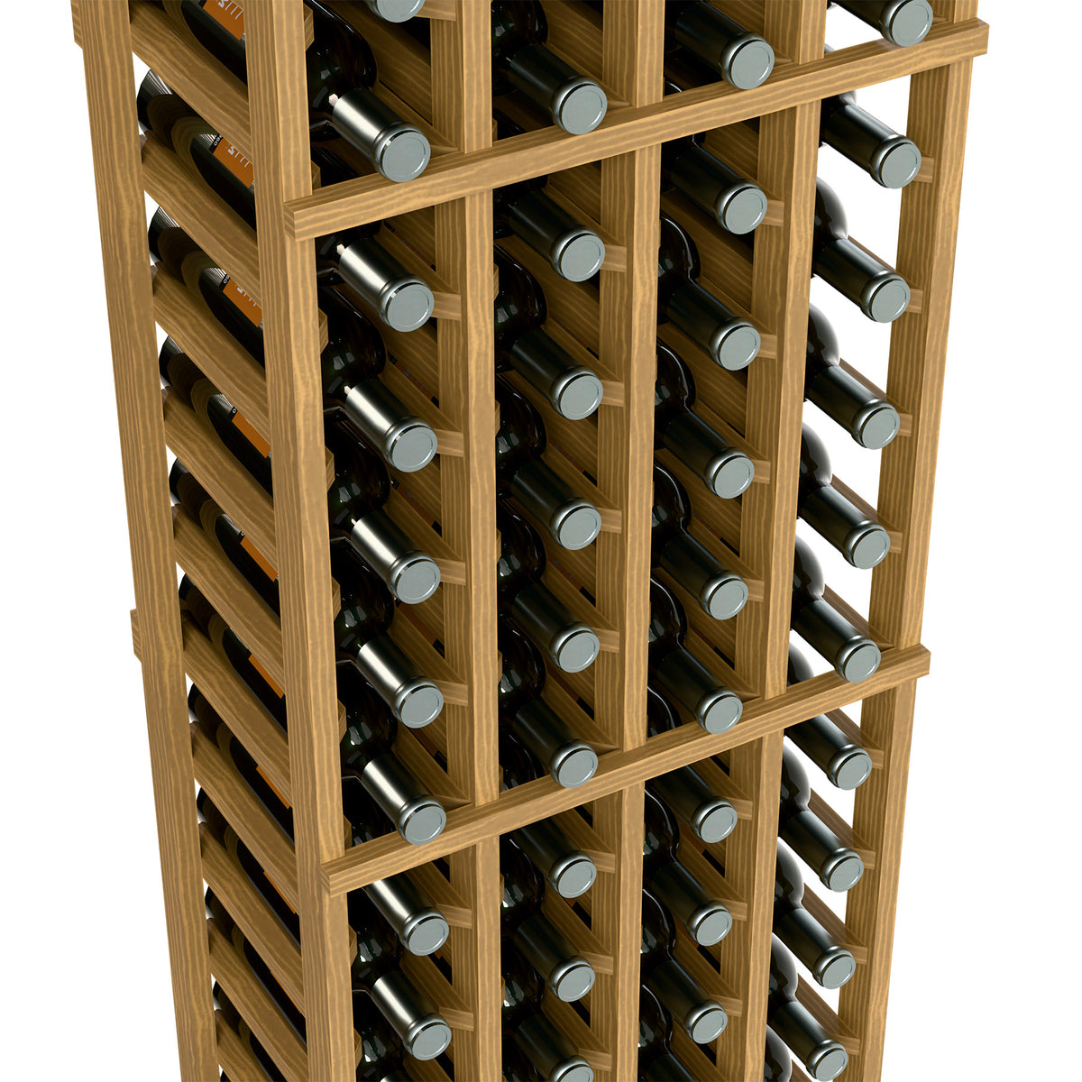 Close-up of light wood 4-column wine rack interior with bottle slots and upright bottles