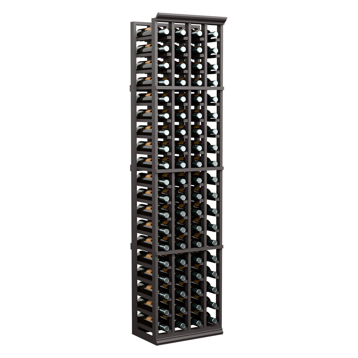 6-ft 4-column wine bottle rack with black frame and upright bottles