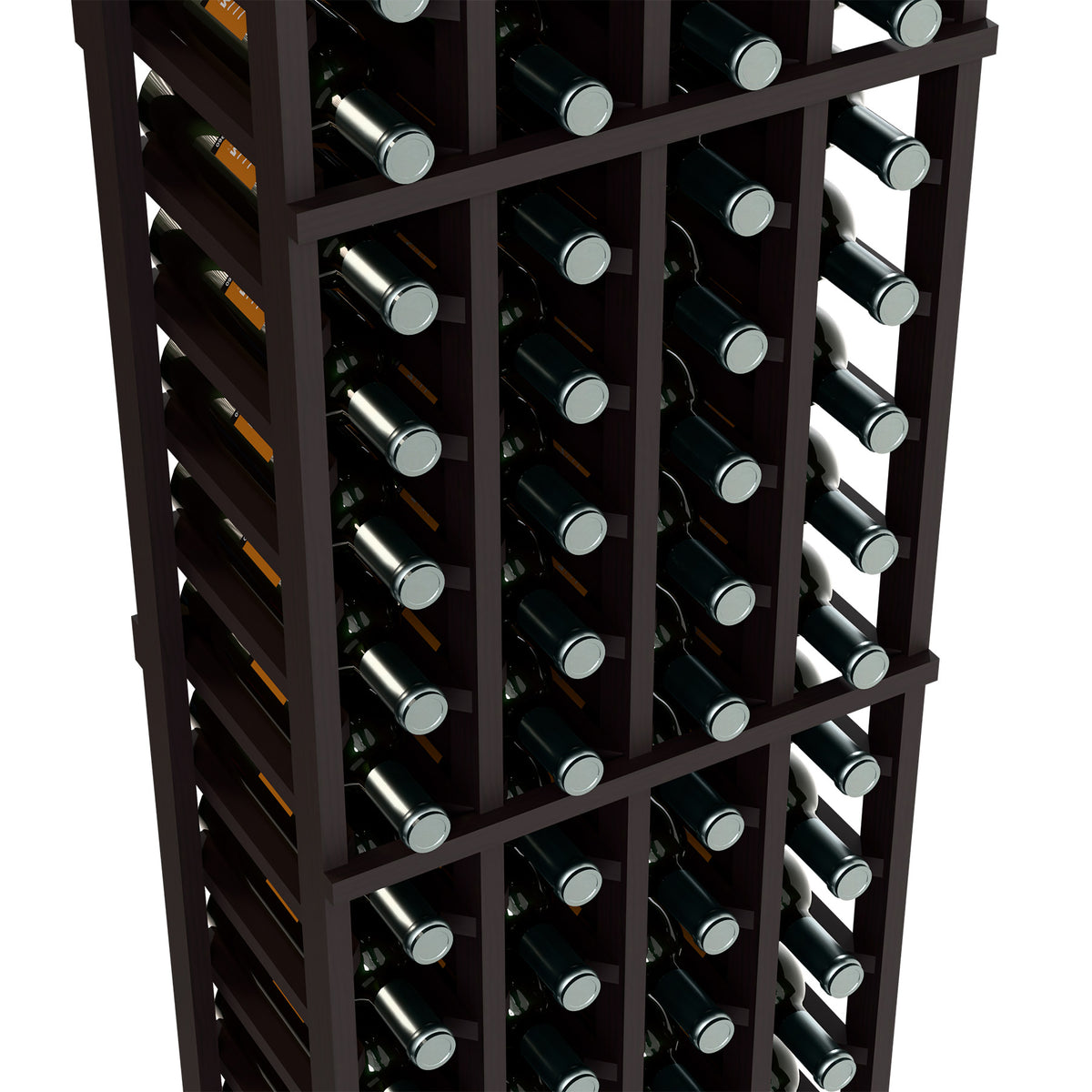 Black wine bottle rack close-up showing rows of upright bottles in storage slots