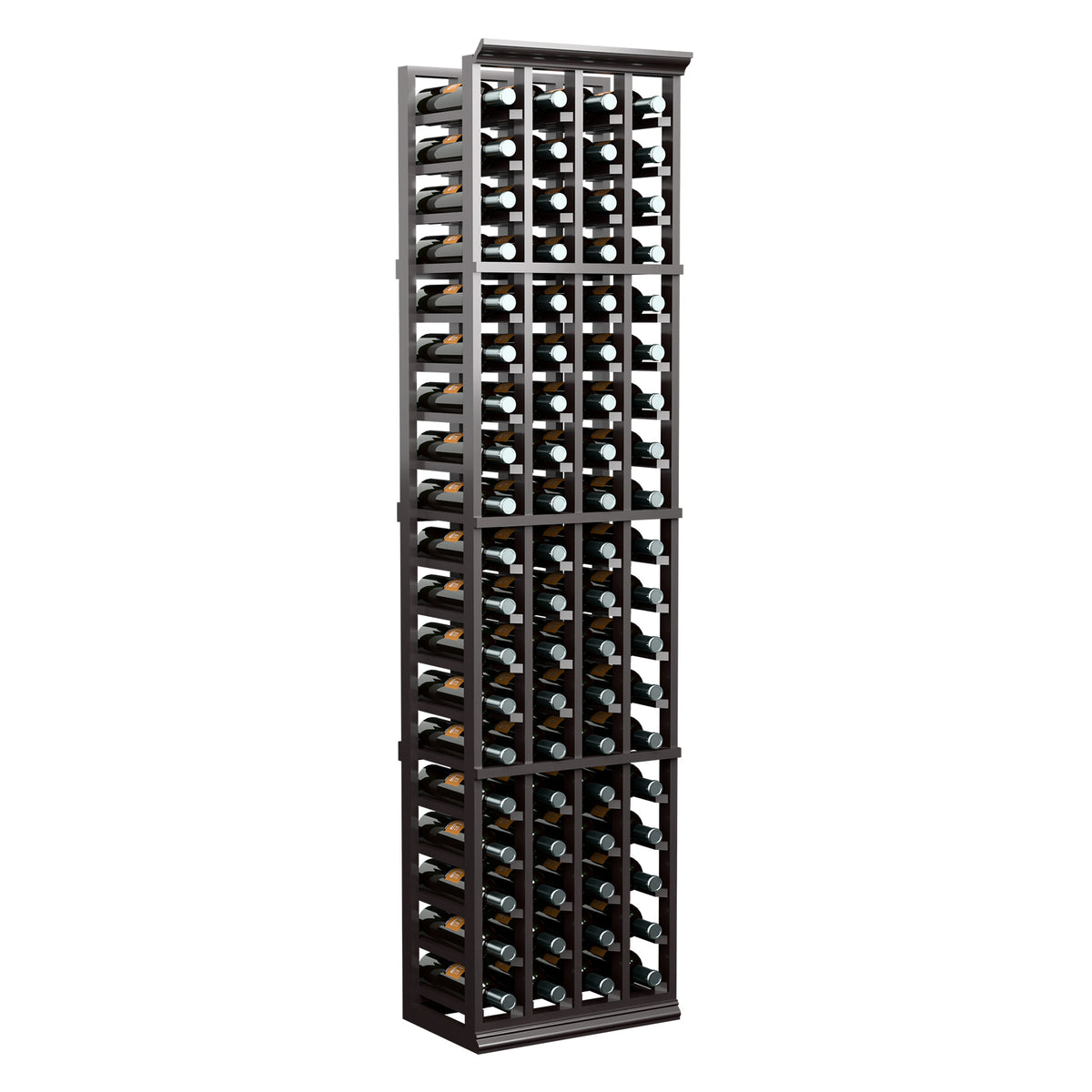 Full view 6-ft 4-column wine rack with black frame holding upright bottles