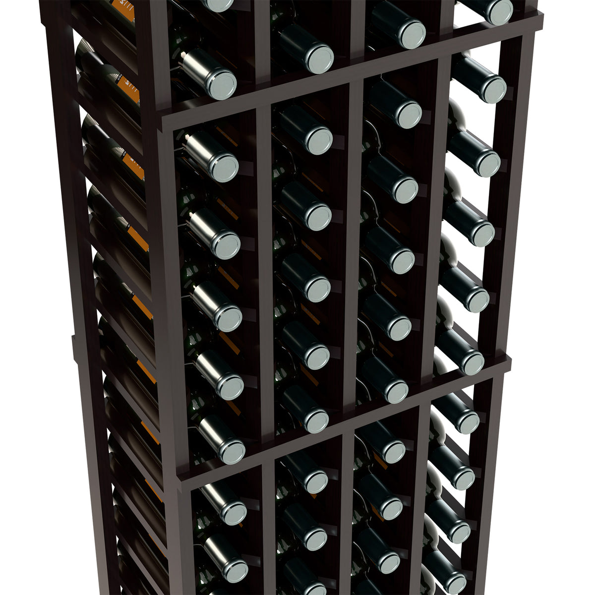 Close-up of black 4-column wine rack interior with bottle slots and upright bottles