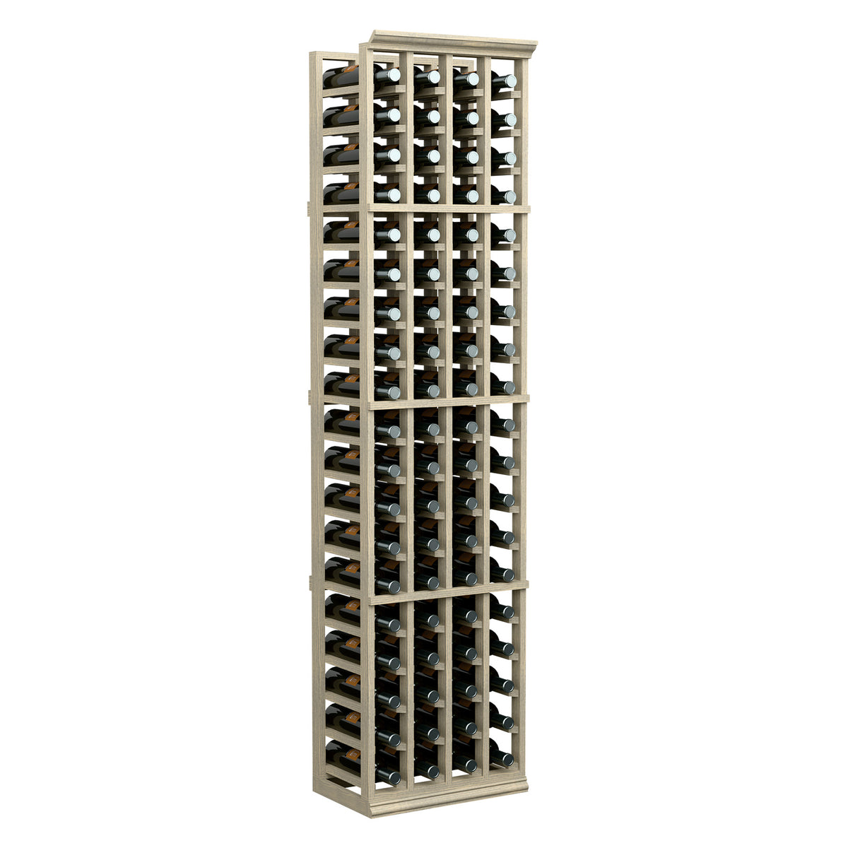 4-column wine bottle rack with light wood frame, bottles arranged in grid slots