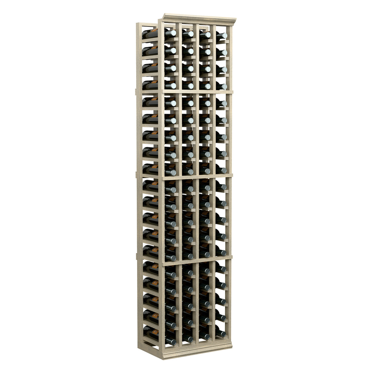 4-column wine bottle rack, tall light wood wine display holding bottles in rows