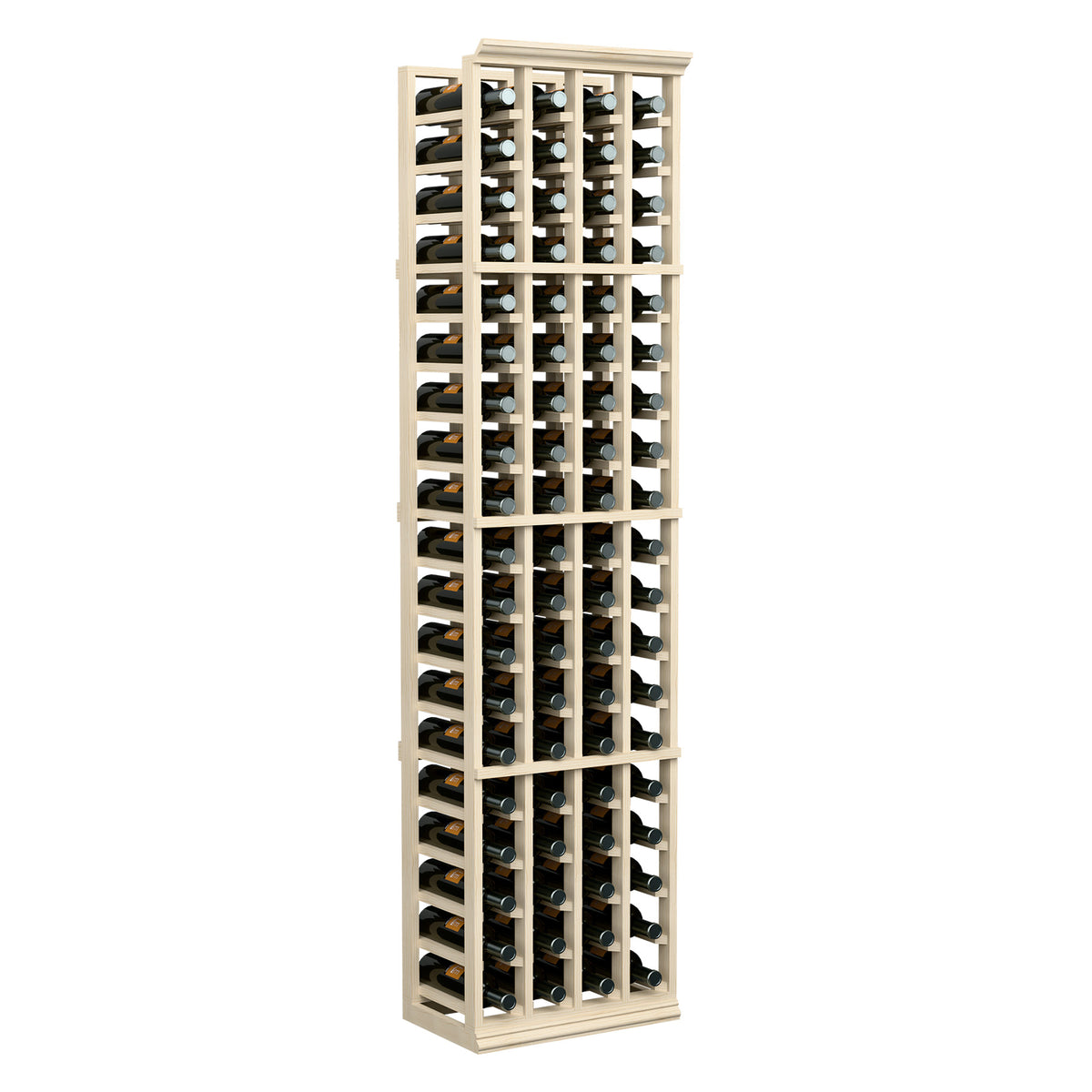 4-column wine bottle rack with light wood frame and bottle cradles in a tall tower