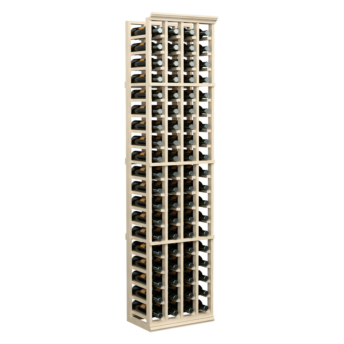 Tall 4-column wine bottle rack in light wood, bottles secured in compartment grid