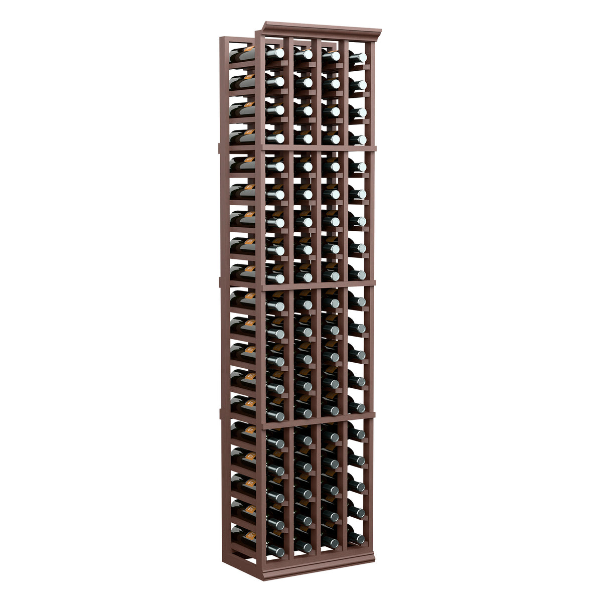4-column wine bottle rack with dark wood frame, bottles seated in grid compartments
