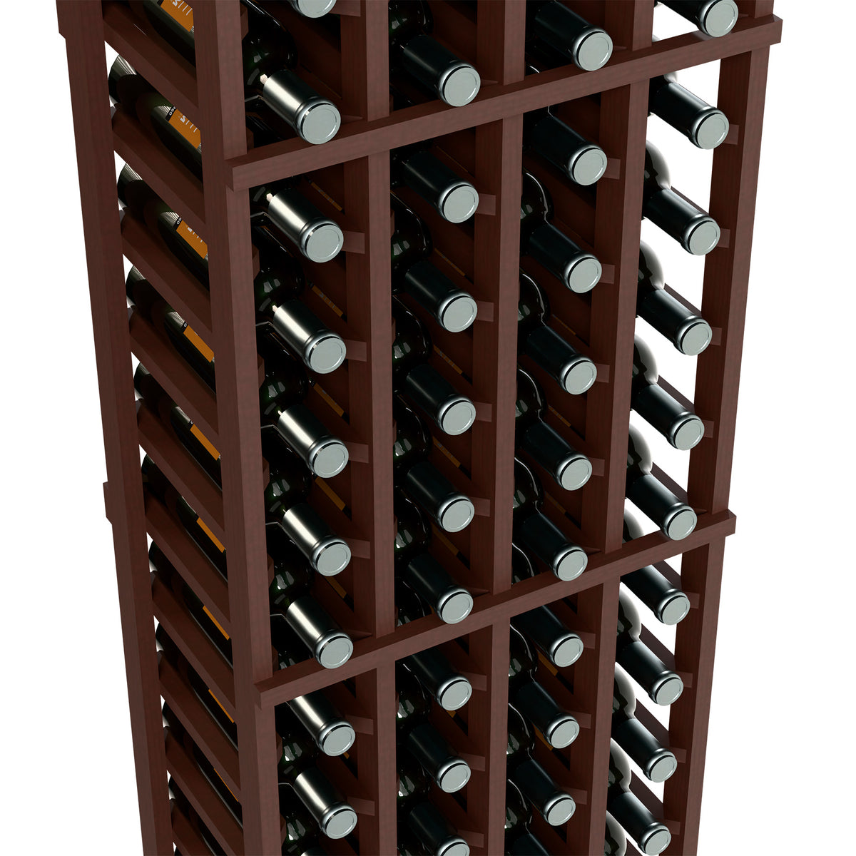 Close-up of dark wood wine bottle rack with bottles and silver-gray metal caps
