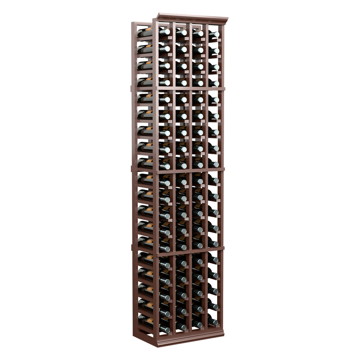 Wood wine rack with 4 columns holding bottles upright, dark brown finish