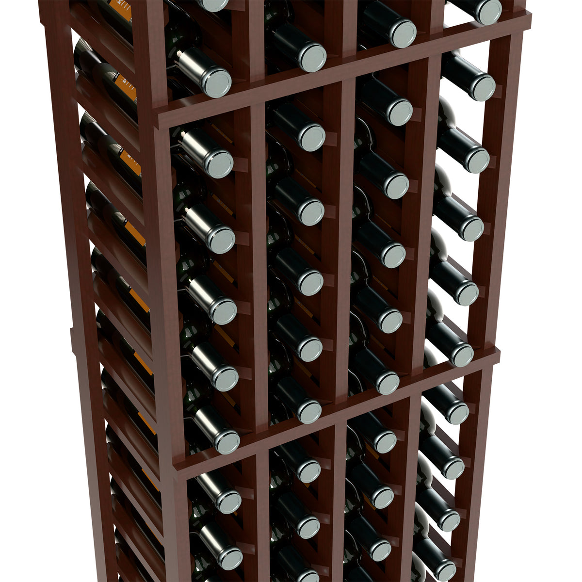 Wood wine rack close-up showing bottle slots and metal caps, dark brown finish