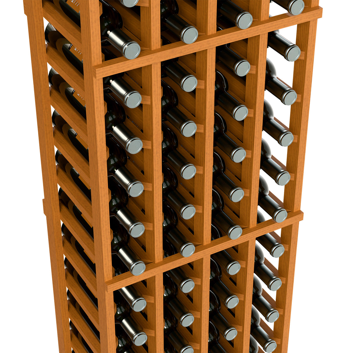 Wood wine rack close-up with bottle rows and slots, light wood finish