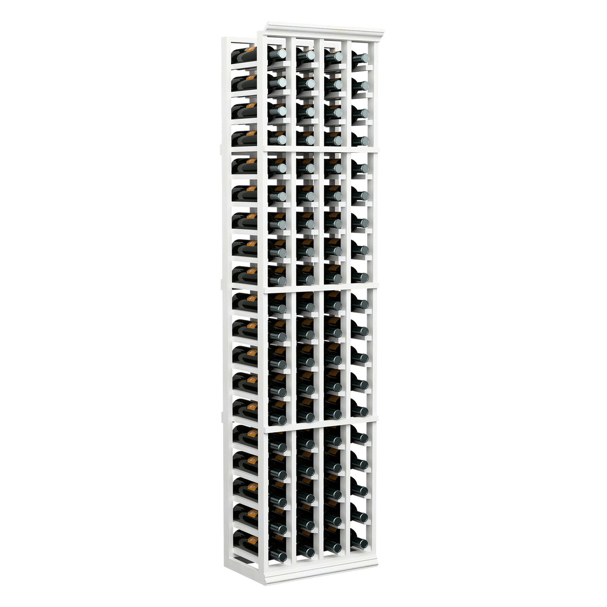 White wood wine rack with 4 columns holding bottles upright