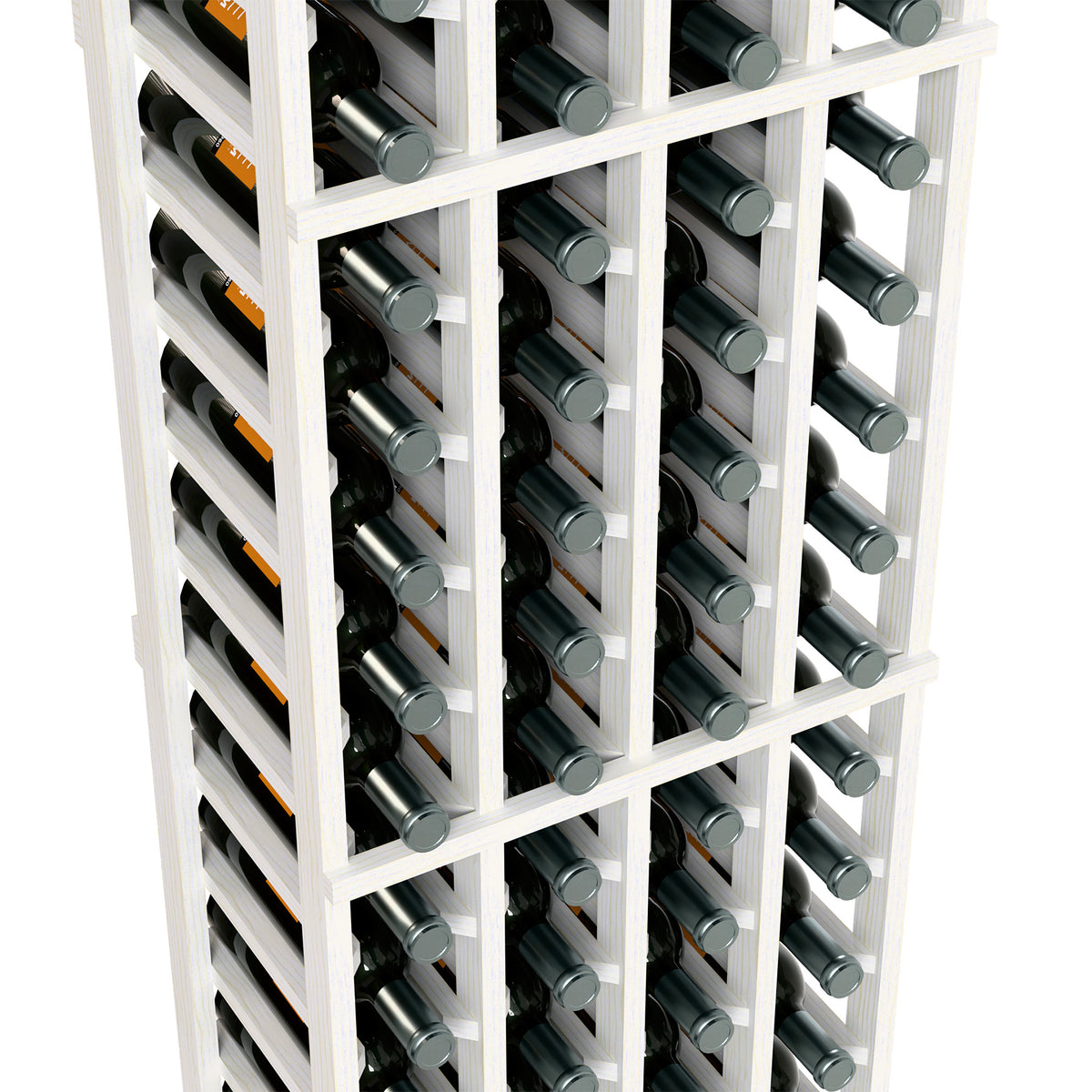 White wine rack close-up showing bottle slots and metal caps