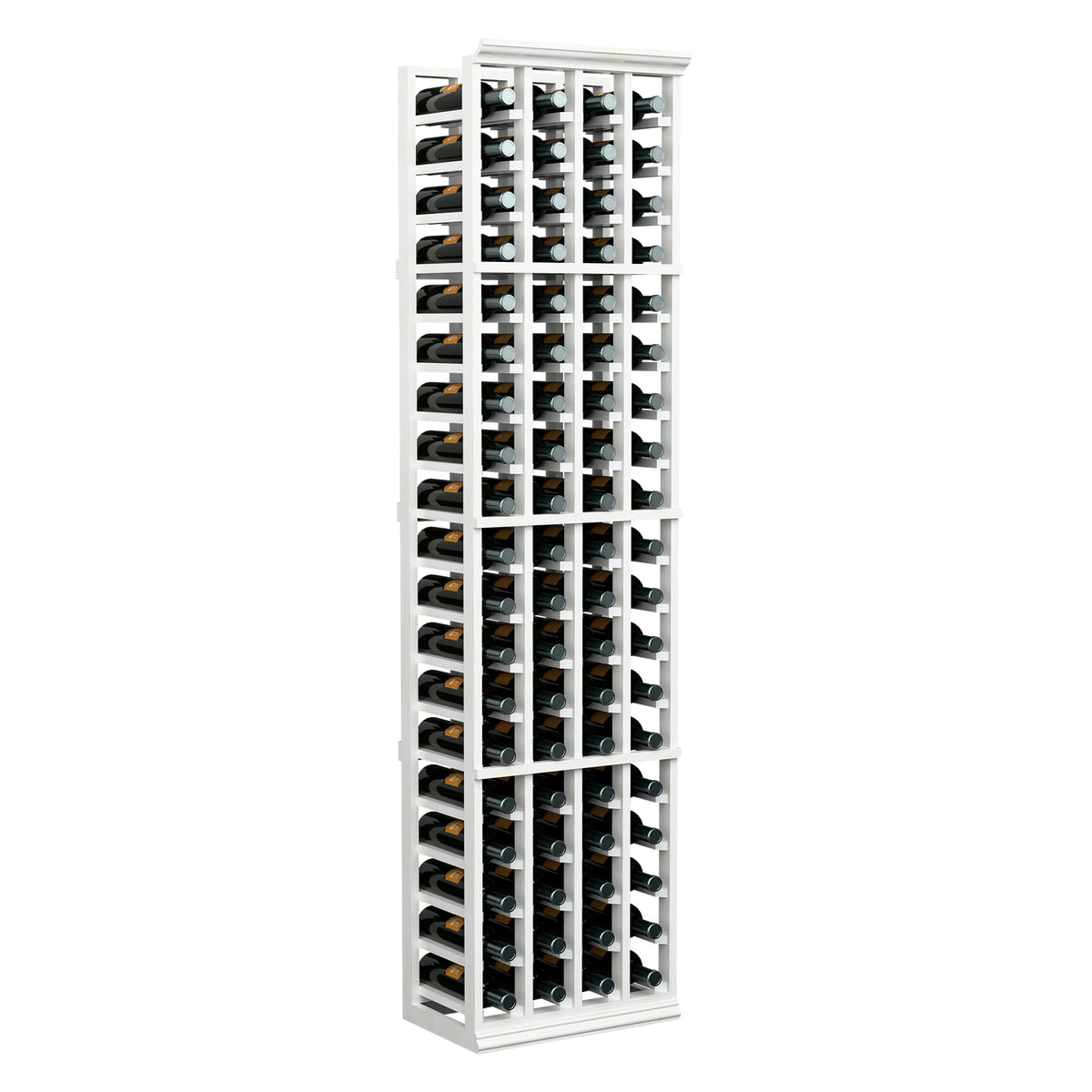 White wood wine rack with 4 columns holding bottles upright