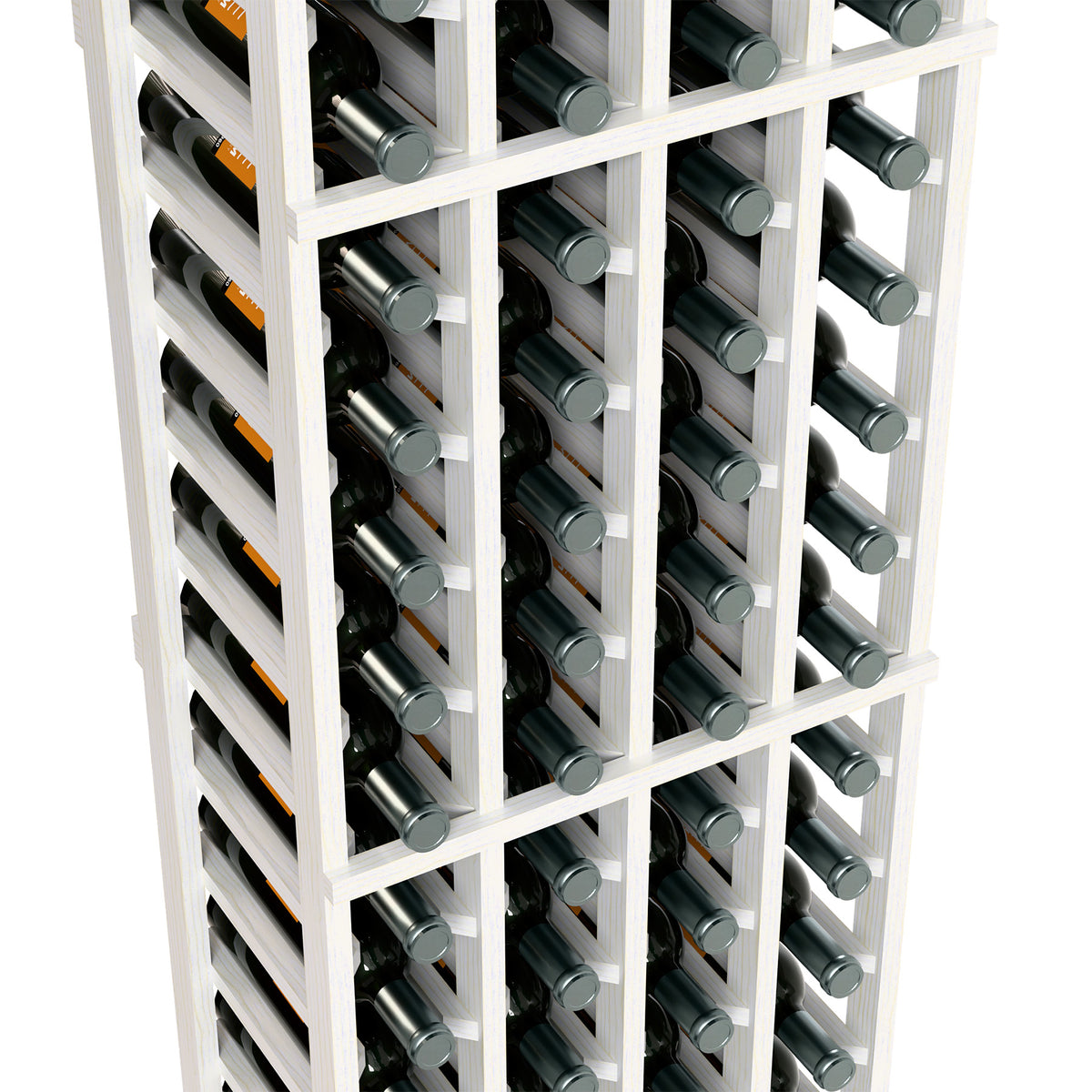 White wine rack close-up with bottle rows and slots