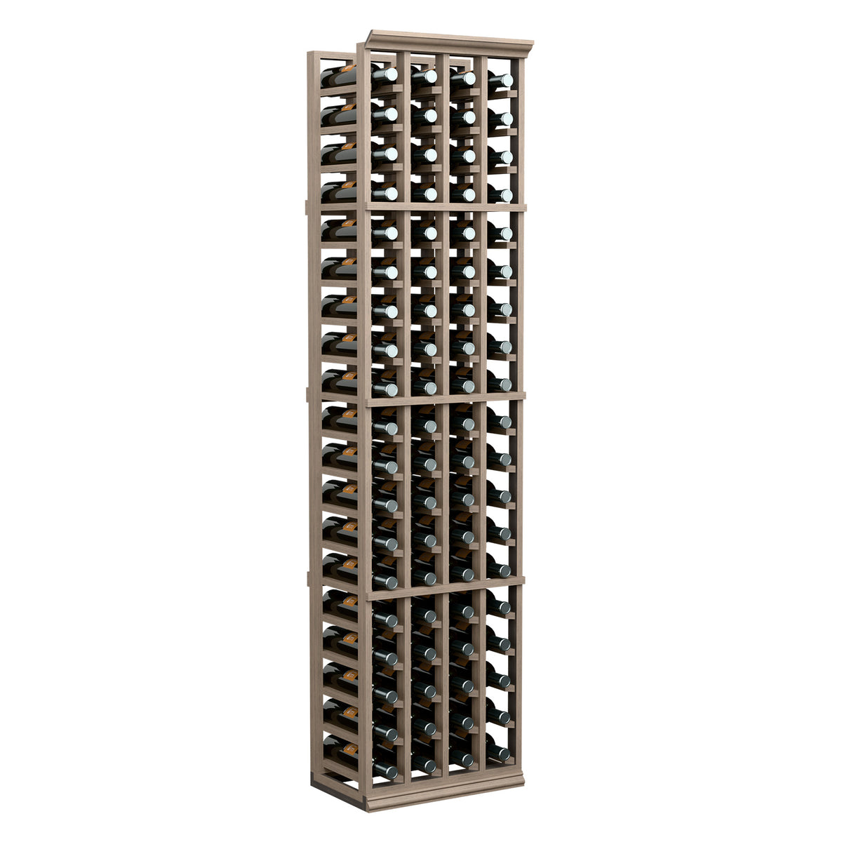Wood wine bottle rack with 4 columns, open cubby slots and bottles standing vertically