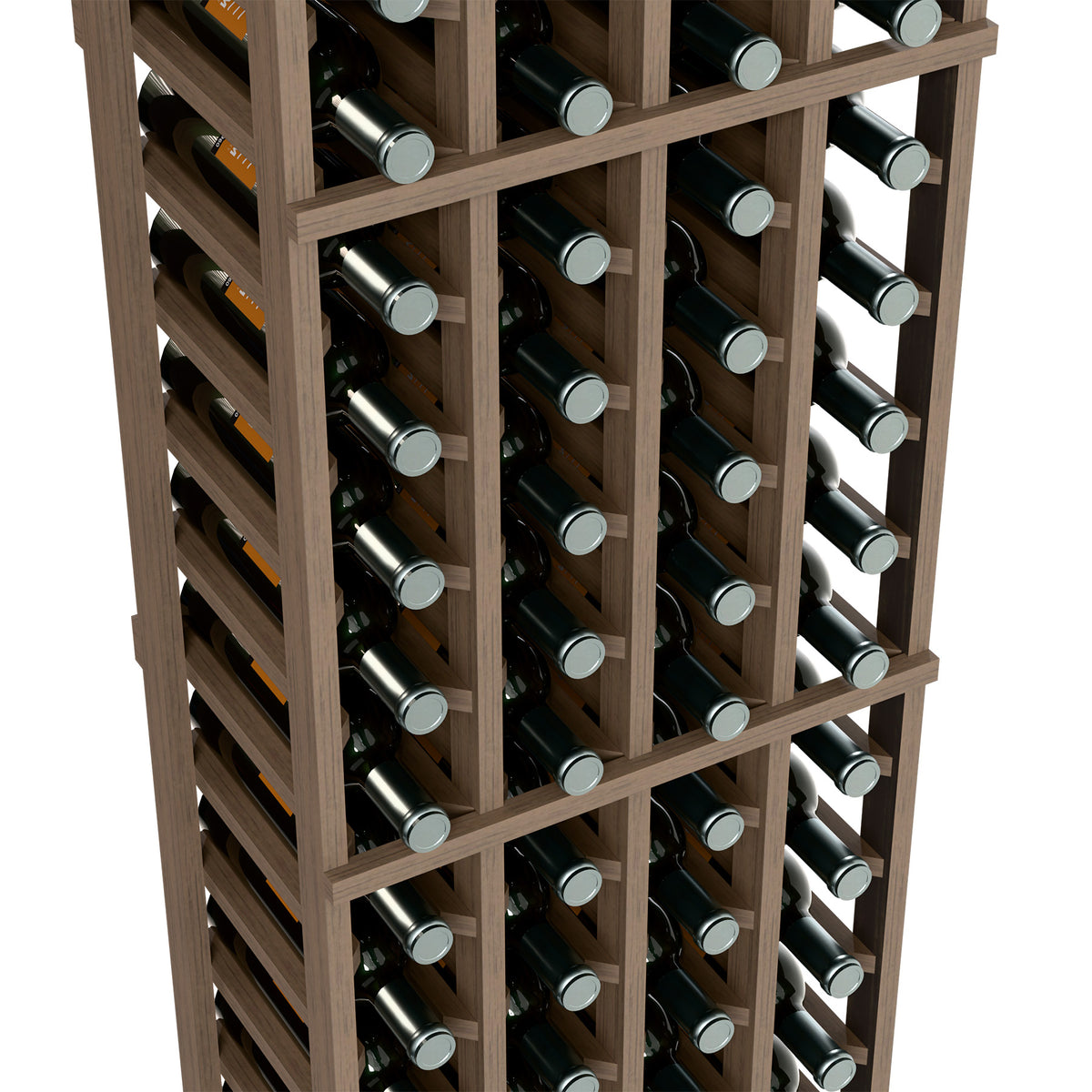 Close-up of 4-column wine bottle rack showing wooden dividers and bottle necks