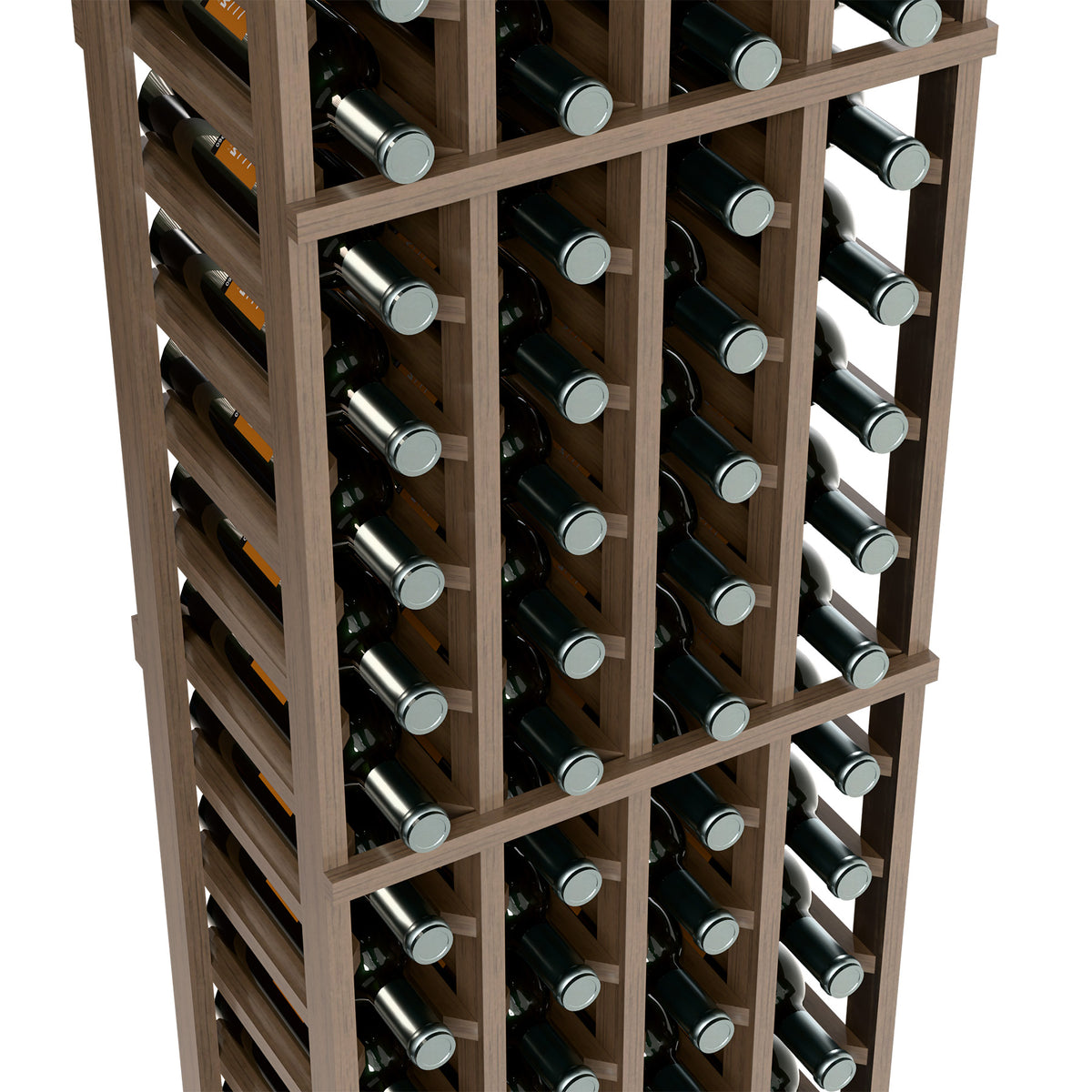 Close-up of wine bottle rack interior with wooden grid holding bottles