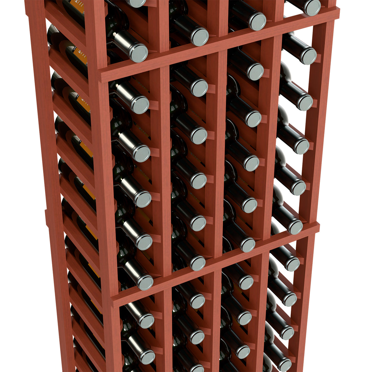 Close-up of reddish wine bottle rack with wooden dividers and bottle necks