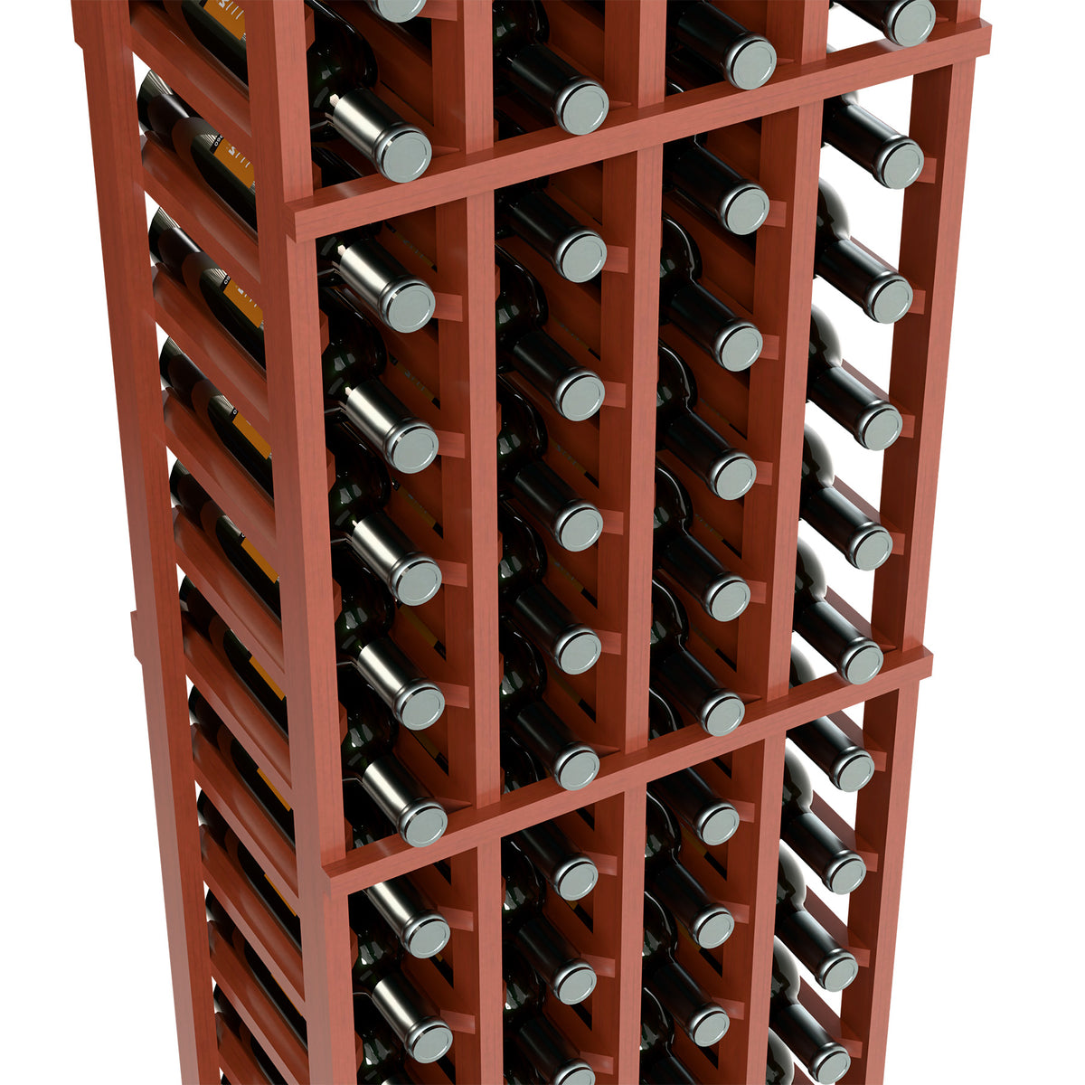 Close-up of 4-column wine bottle rack interior with reddish frame and bottles