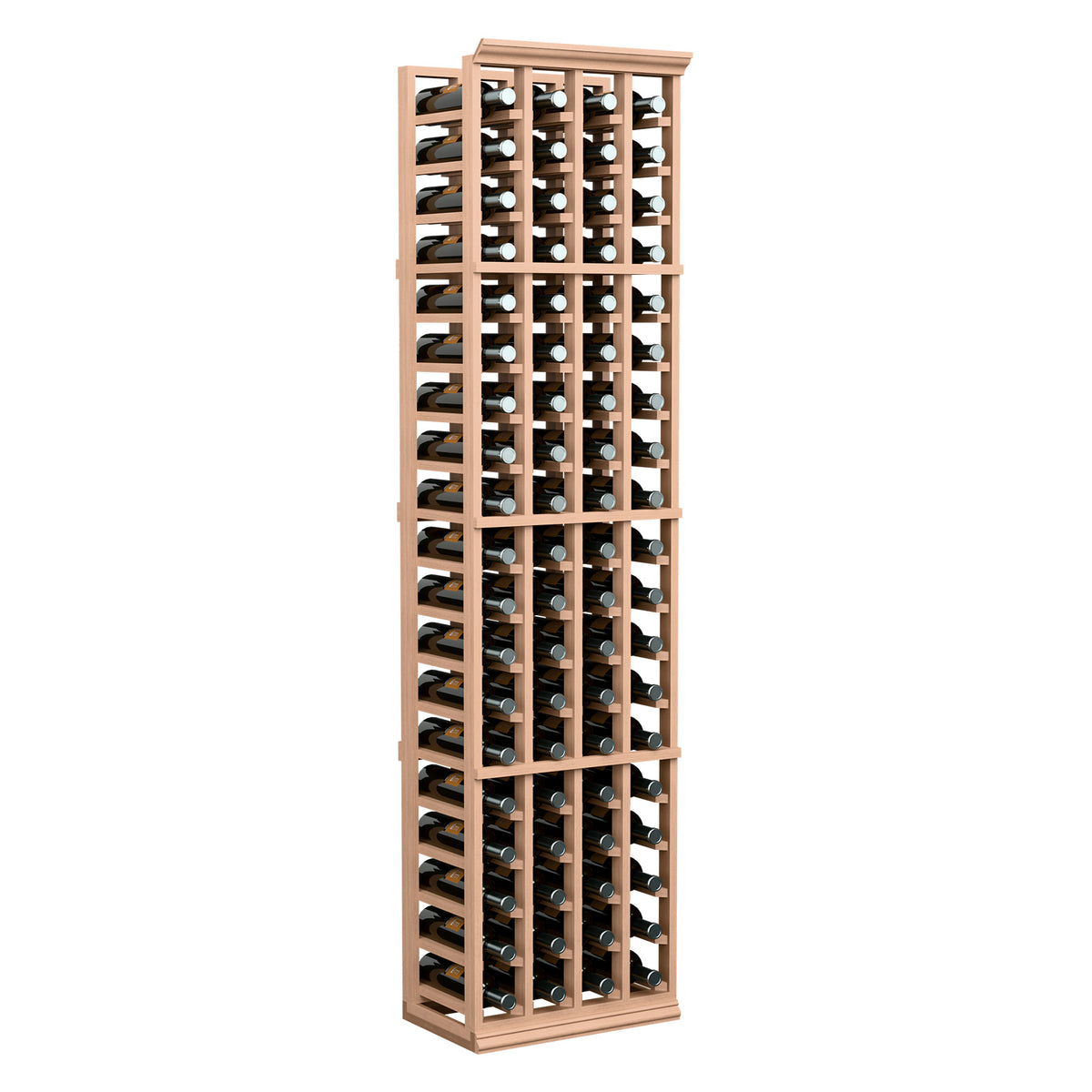 Light wood 4-column wine rack with bottle cubbies and bottles standing upright