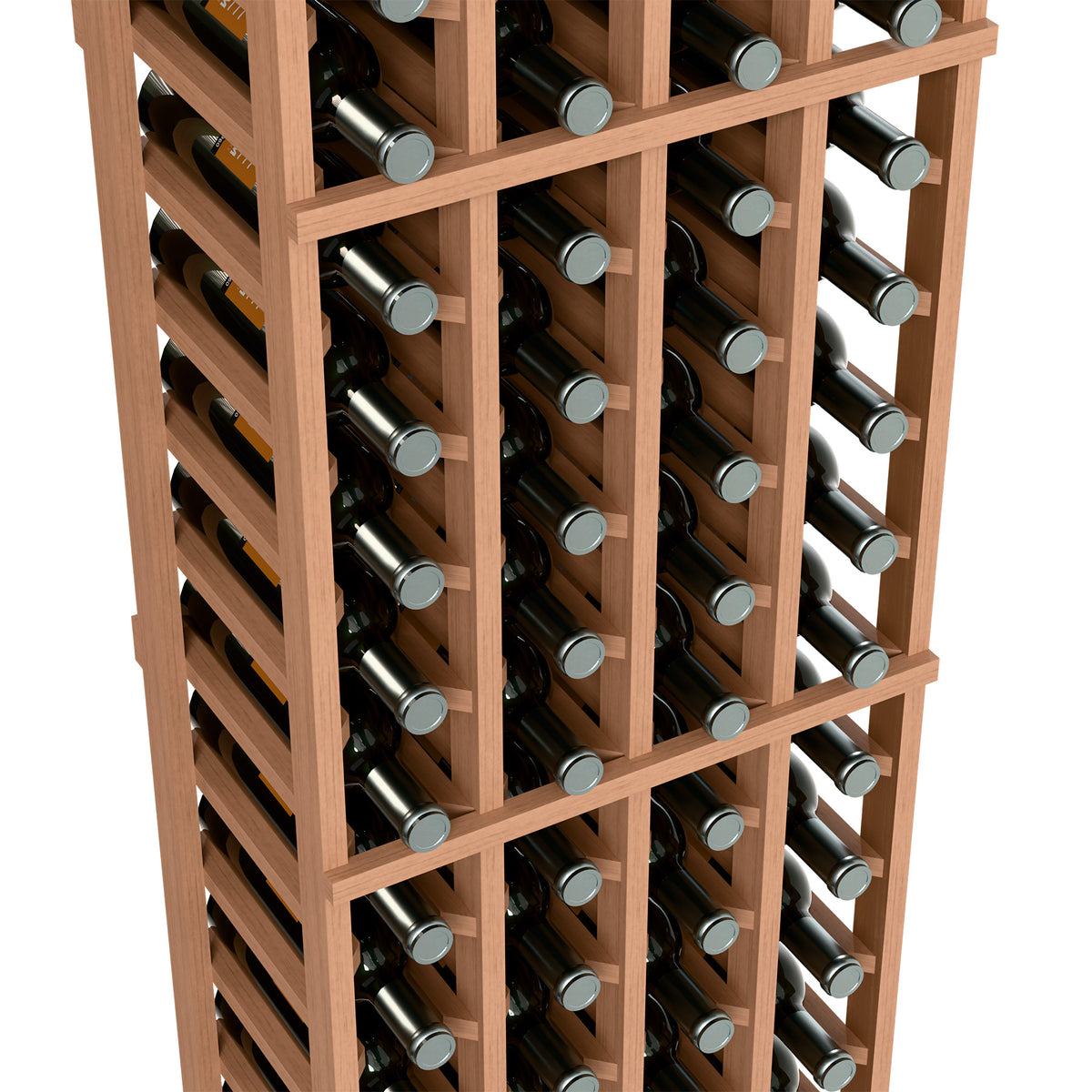 Close-up of light wood wine rack showing grid dividers and bottle necks