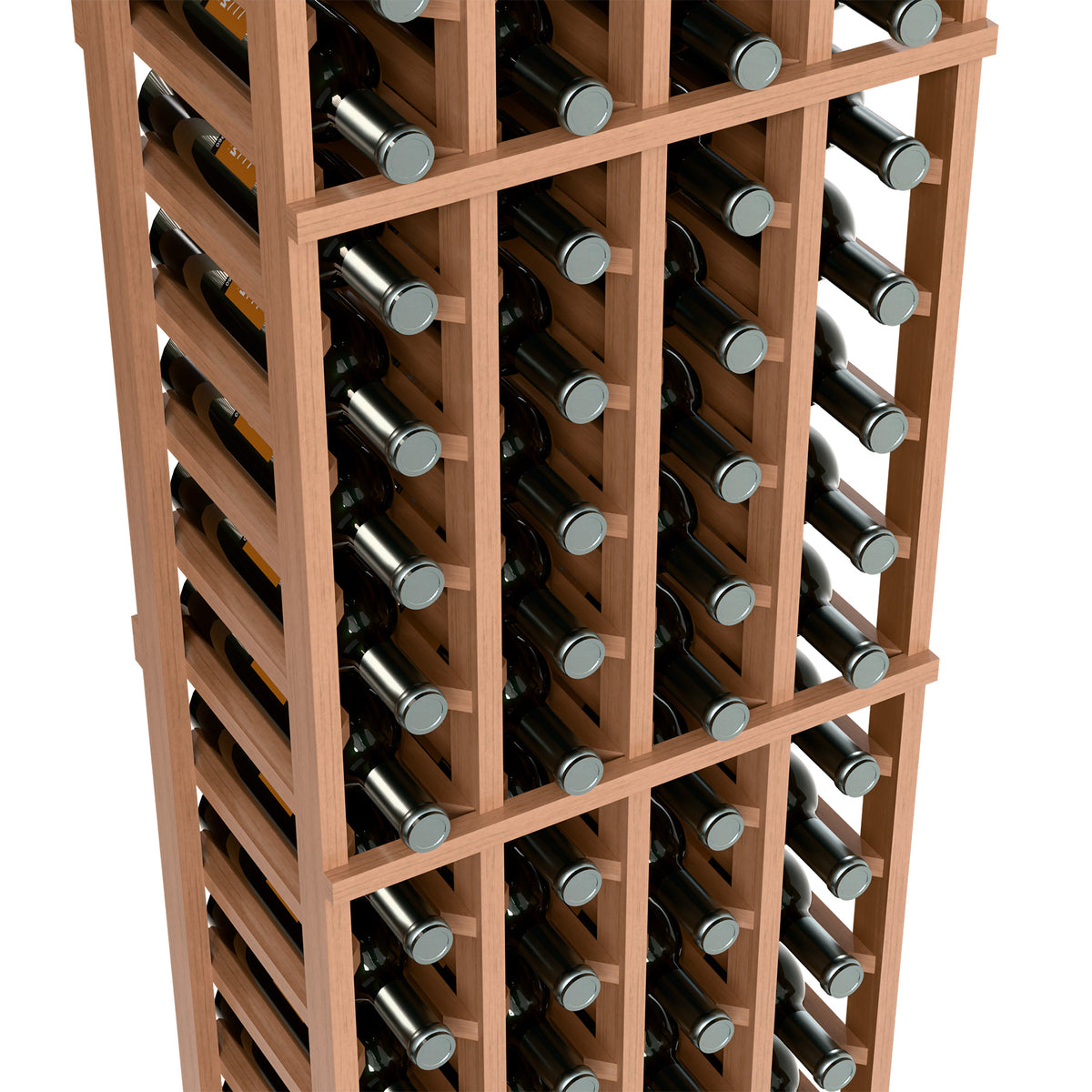Natural wood wine rack detail showing bottle compartments with metal bottle tops