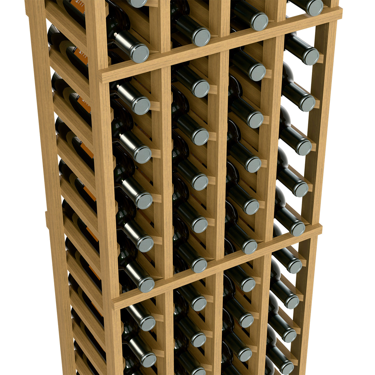 Close-up of natural wood wine rack with multiple bottle rows and supports