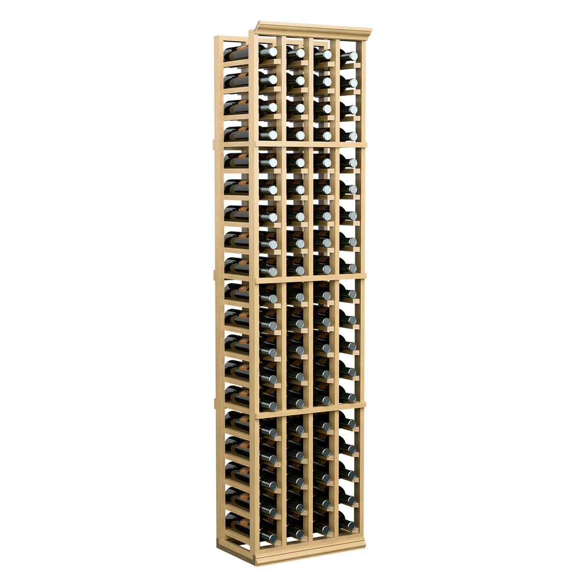 Natural-finish 4-column wine rack with front openings for bottle storage