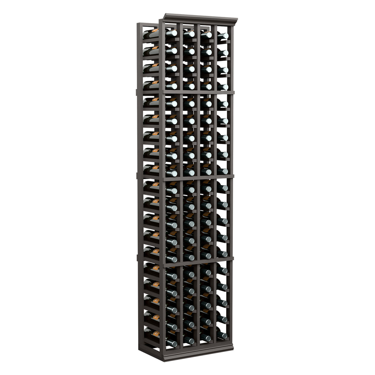 4-column wine rack with black frame and open slots for storing bottles