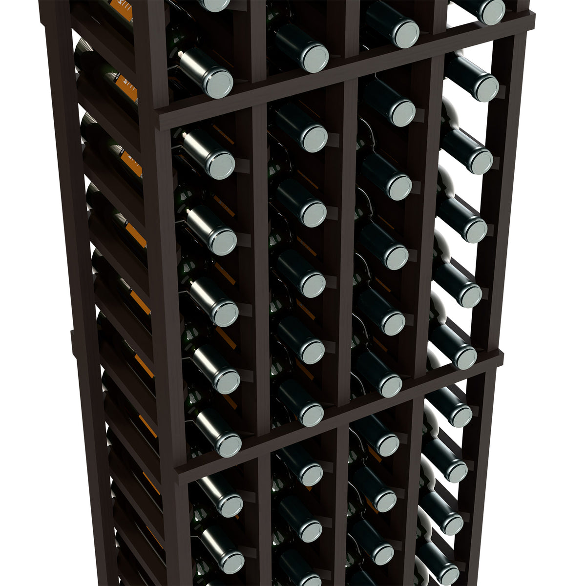 Black wine rack detail showing bottle compartments and rows of capped bottle necks